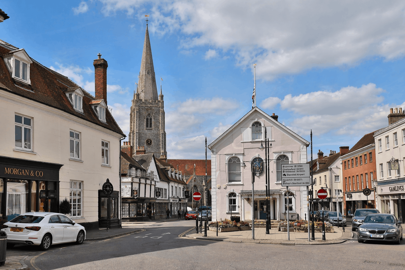 Great Dunmow town centre commercial district overview showing range of business properties served by Anglian PHE