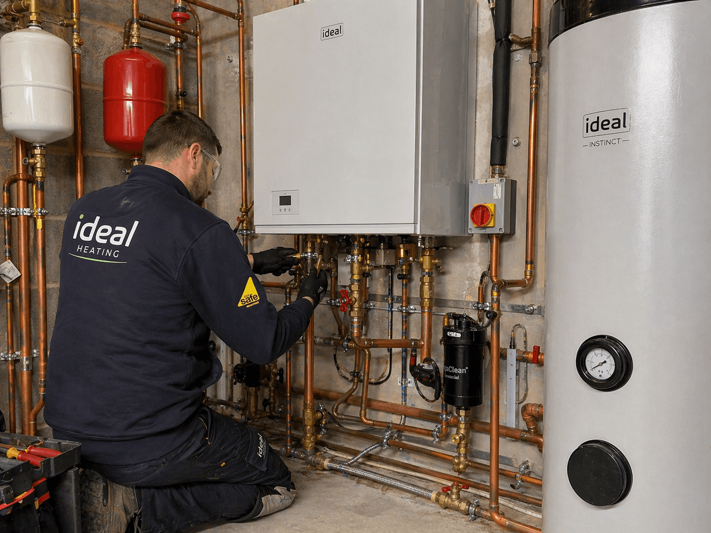 Professional commercial boiler replacement installation in progress at Halstead business location