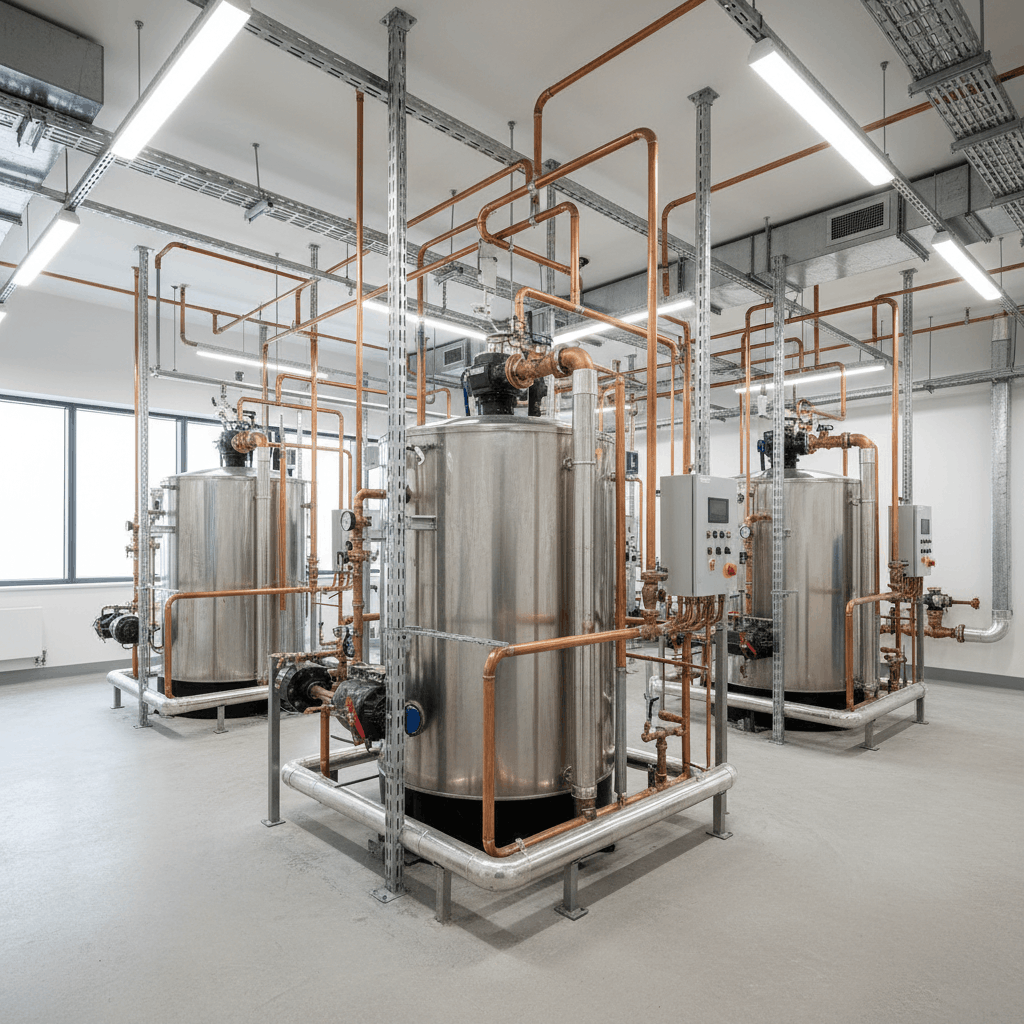 Commercial plant room overview showing hot water infrastructure in Halstead facility