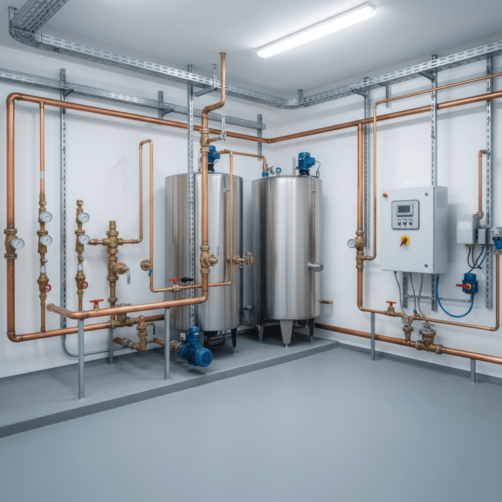 Newly installed commercial hot water system with modern controls in Halstead business