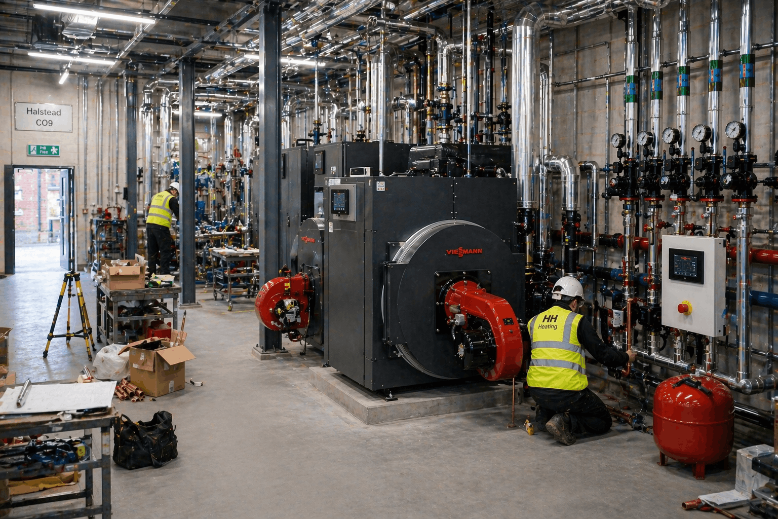 Modern plant room with commercial boiler installation in Halstead