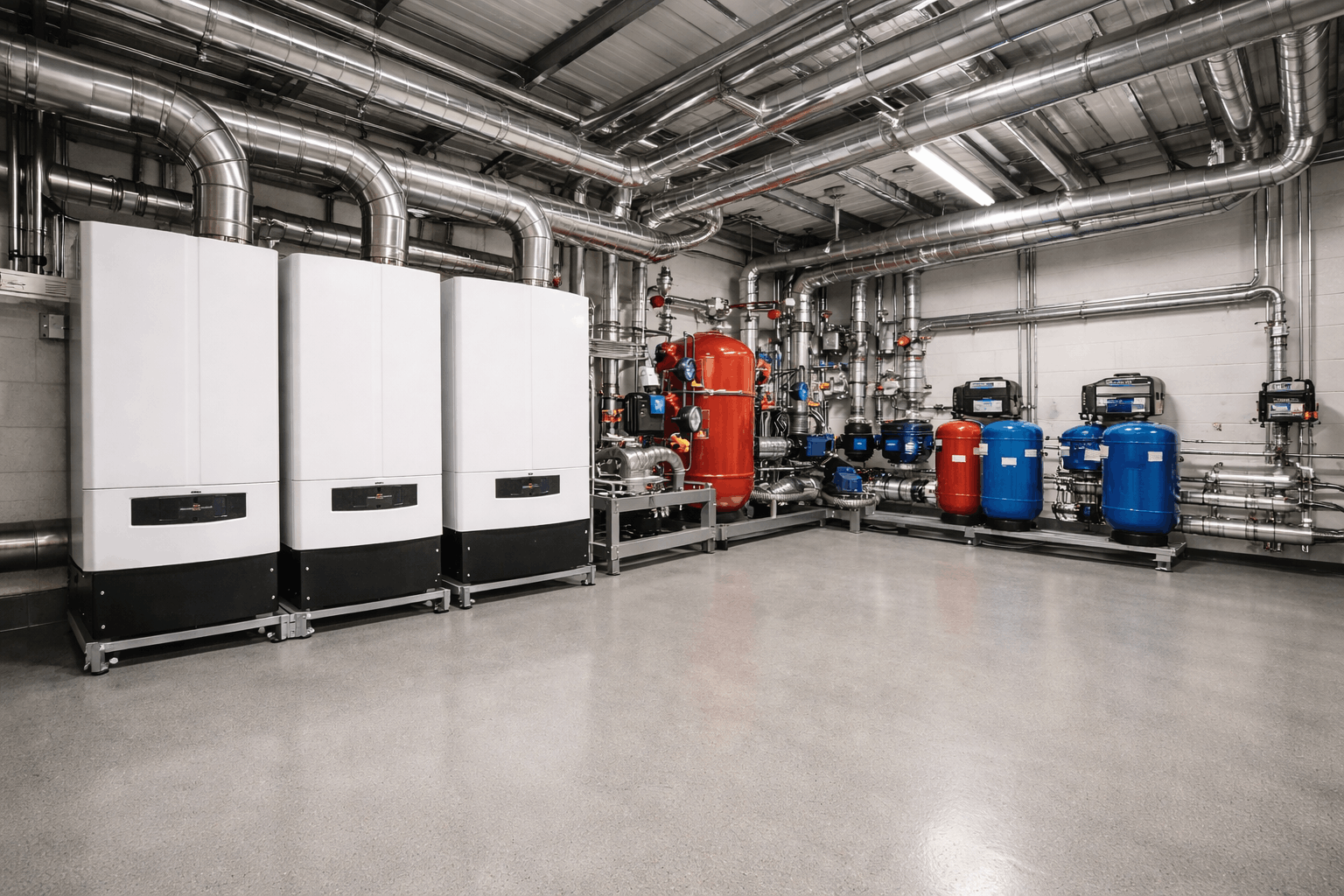 Large commercial boiler plant room in Haverhill industrial facility showing heating system layout