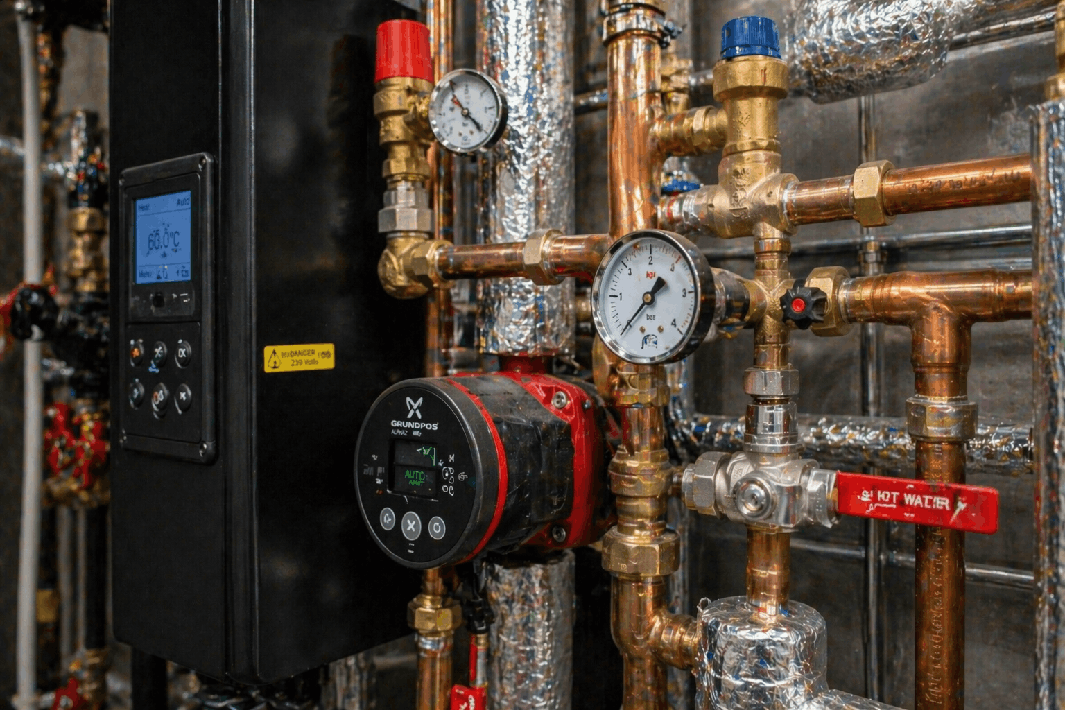 Commercial hot water pipework installation closeup showing professional workmanship in Haverhill