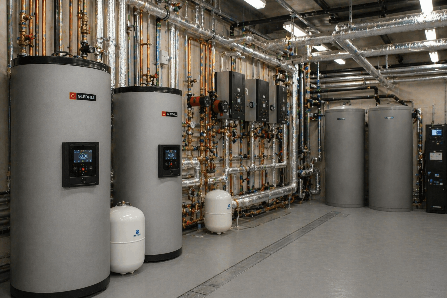 Commercial hot water system plant room in Haverhill showing professional installation