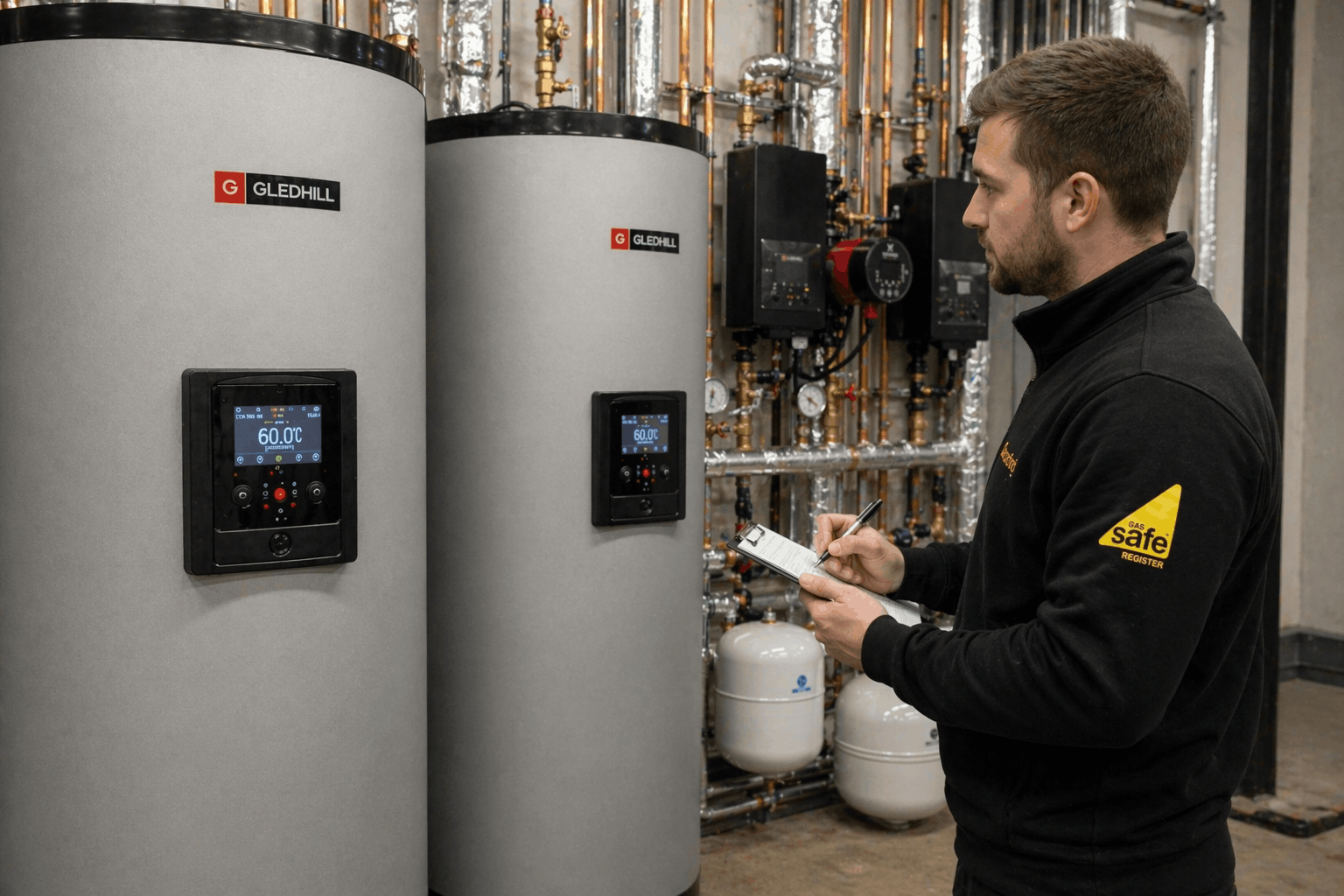 Engineer conducting commercial hot water tank system check and maintenance in Haverhill