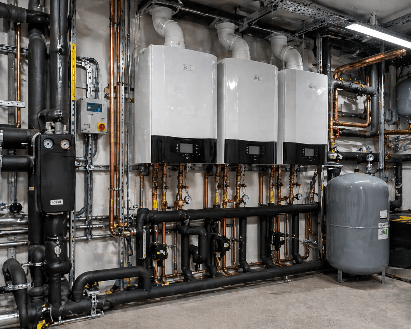 Completed commercial heating system installation in Haverhill business premises with wall-mounted boiler