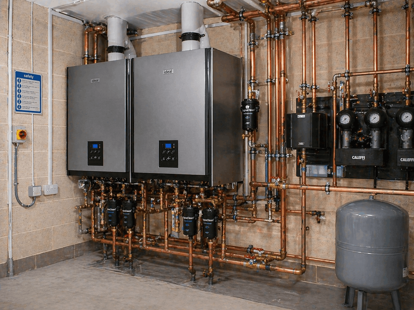 Newly installed replacement commercial boiler system in Haverhill plant room