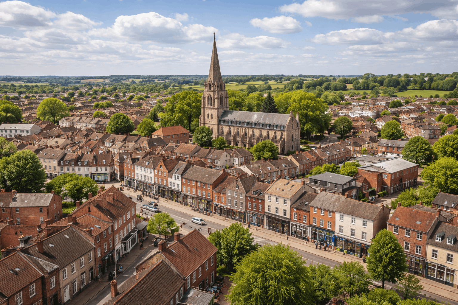 Overview of Haverhill town centre showing commercial properties served by Anglian PHE Ltd heating engineers