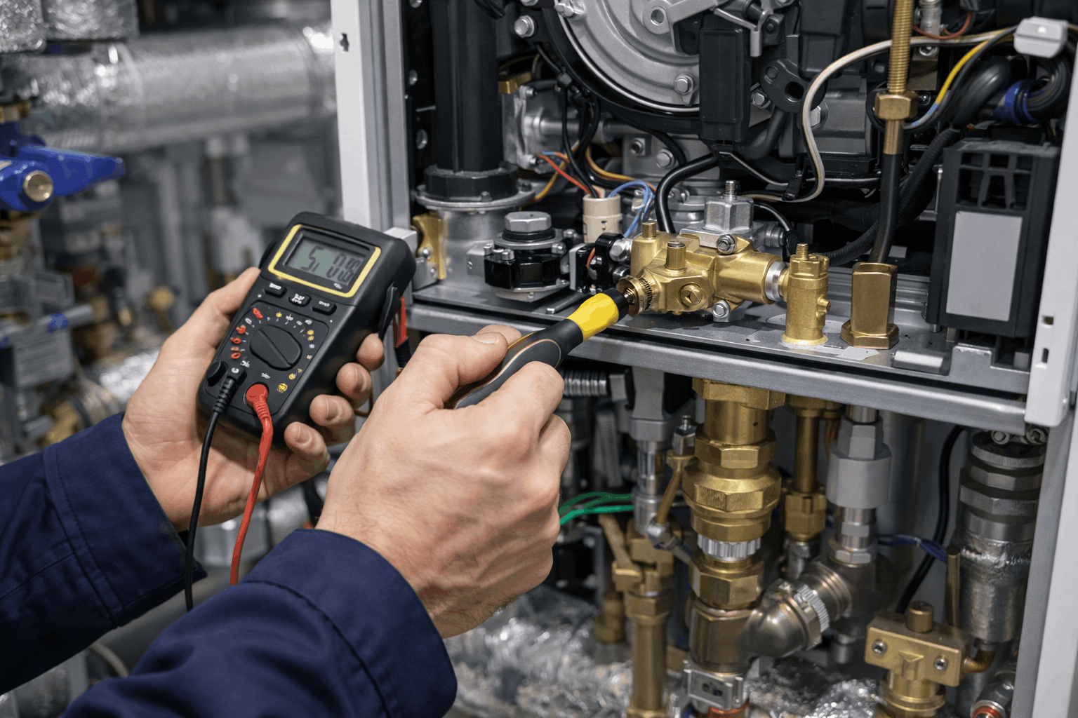 Detailed heating component servicing and repair on commercial boiler system by qualified Gas Safe registered engineer