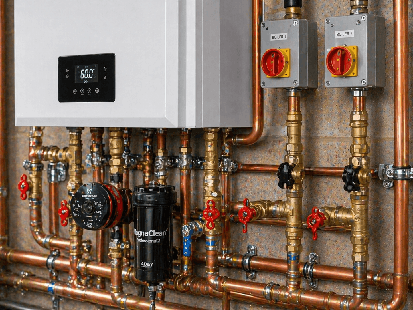 Close-up detail of heating system pipe connections during commercial boiler replacement in Halstead