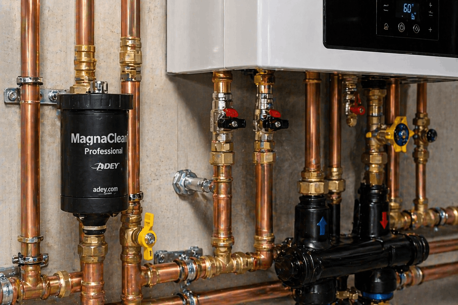 Close-up detail of heating system connection work during commercial boiler replacement installation in Newmarket
