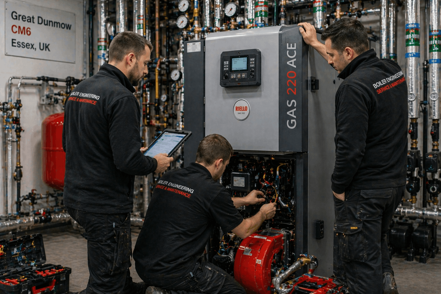 Team of qualified heating engineers working on commercial boiler repair project in Great Dunmow