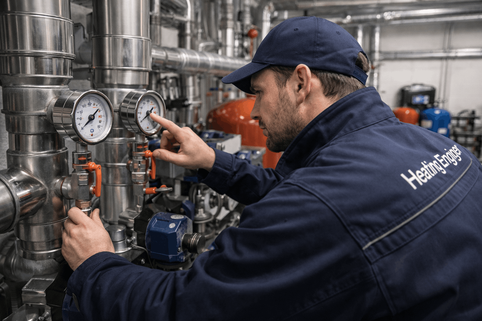 Engineer reading pressure gauge during commercial boiler diagnostic and repair service in Haverhill