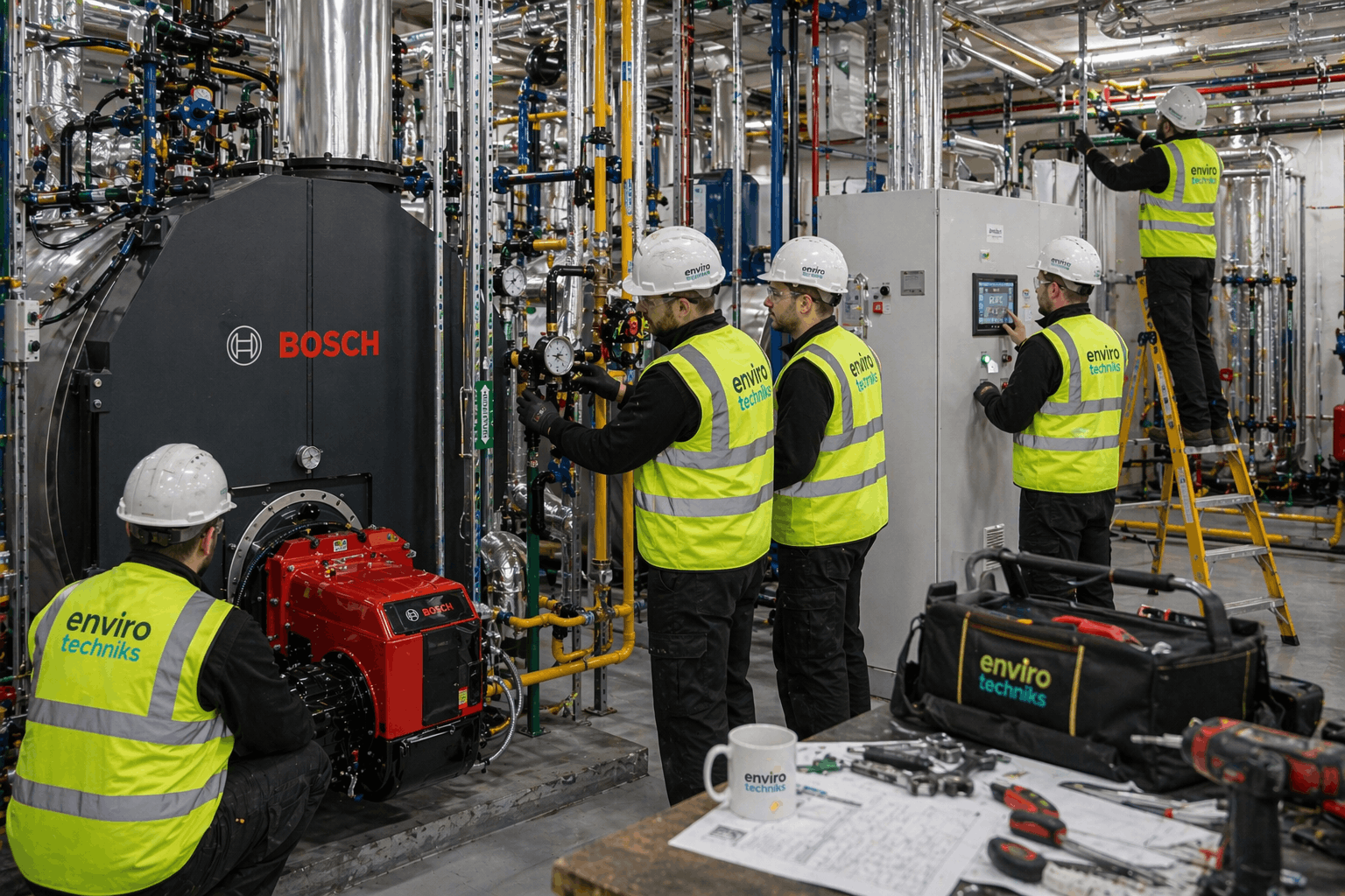 Team of heating engineers working on large-scale commercial heating system installation in Sudbury business