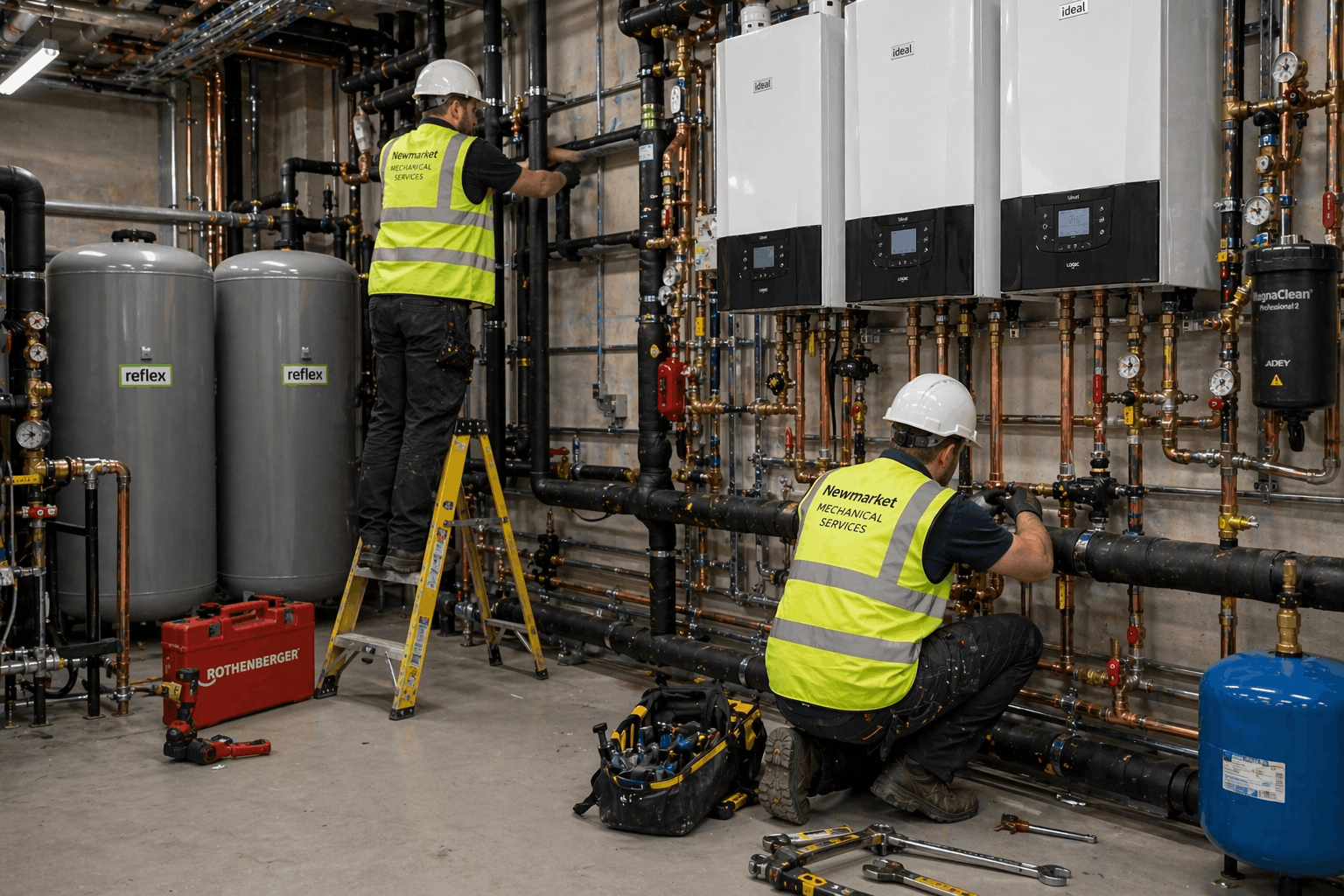 Active commercial heating installation work in progress at Newmarket business premises