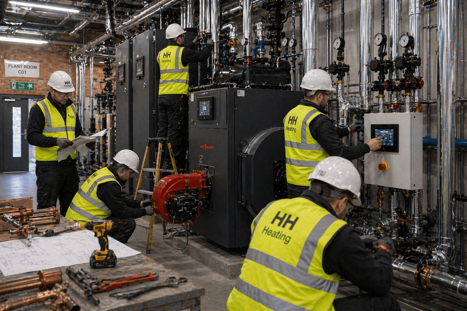 Experienced heating installation team working on commercial project in Halstead