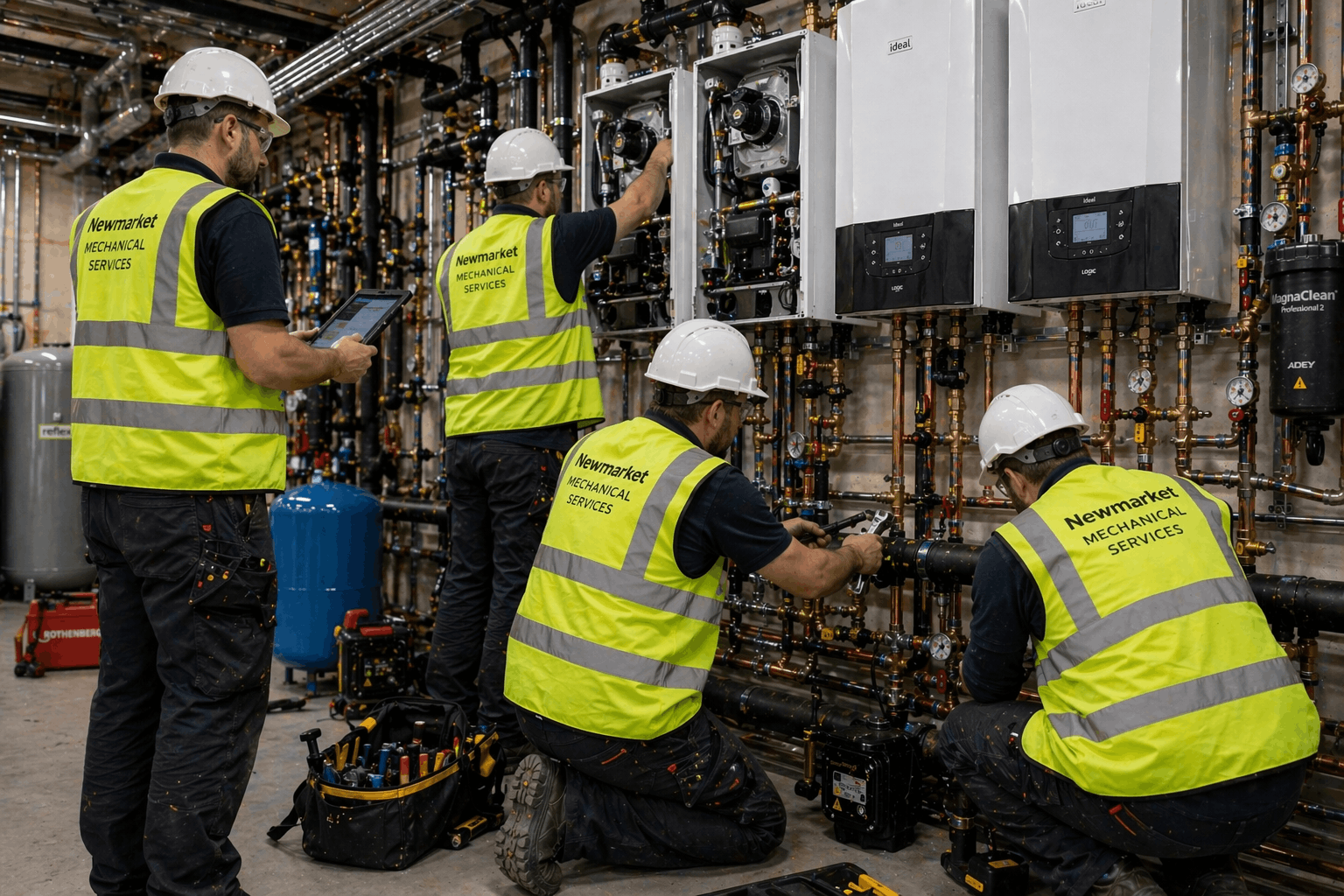 Professional heating installation crew working on commercial boiler system in Newmarket