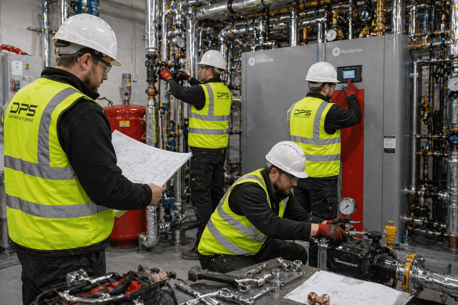 Anglian PHE heating installation engineer team working on commercial boiler project