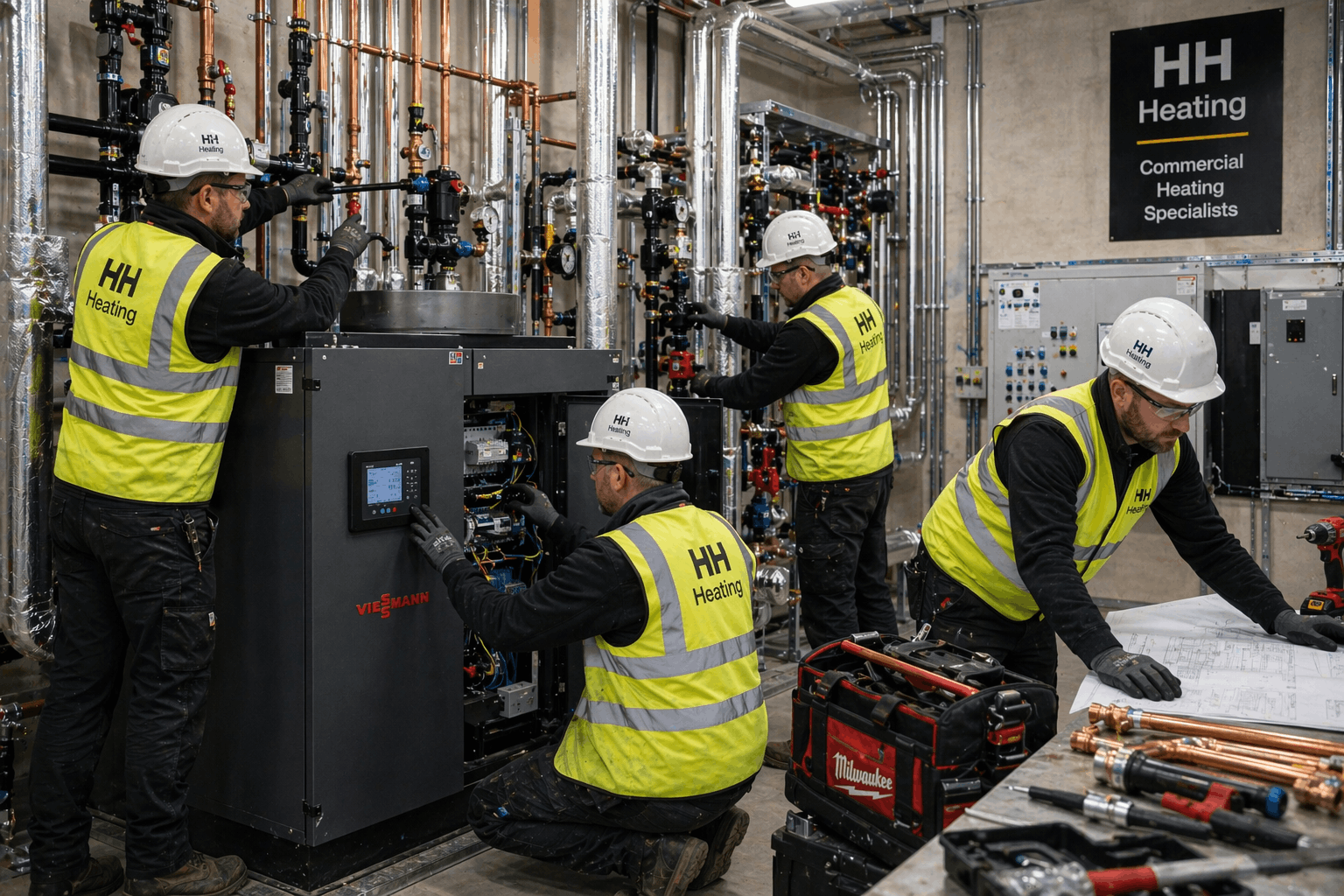Anglian PHE commercial heating installation team at Great Dunmow project site