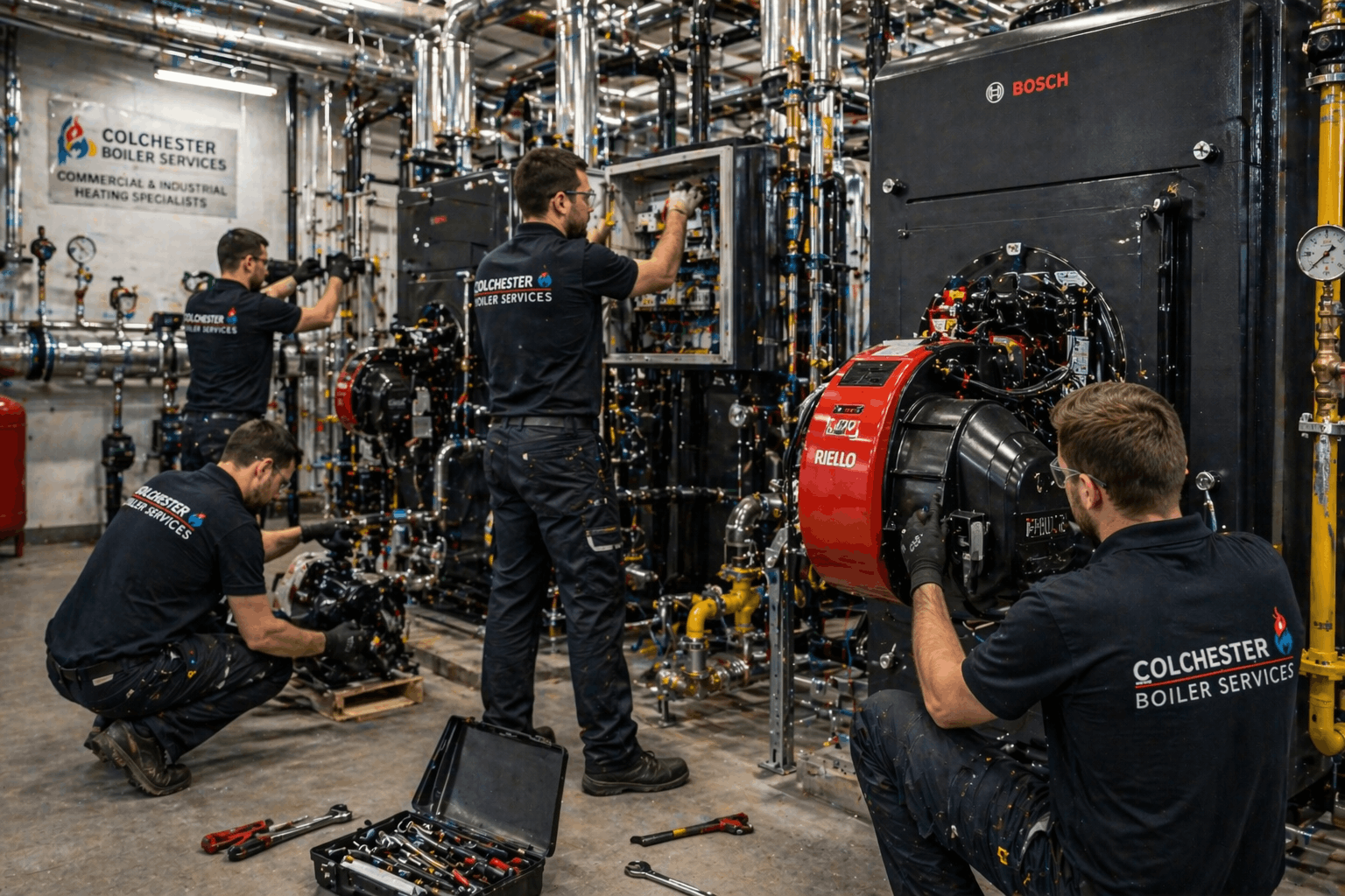 Anglian PHE heating installation teamwork on commercial boiler project in Colchester