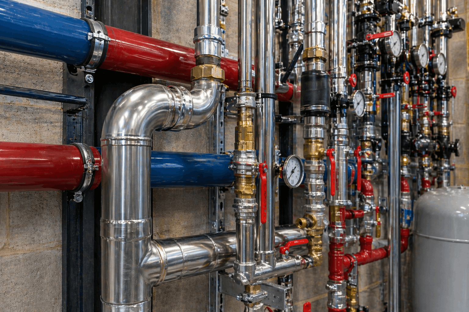 Detailed heating pipe installation work showing professional copper pipework during commercial boiler installation