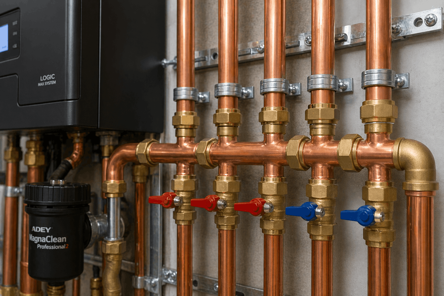 Close-up of heating pipework installation for commercial boiler system in Braintree by NAPIT certified engineers