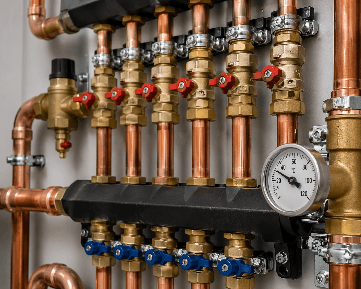 Professional heating pipework installation close-up showing quality commercial installation standards