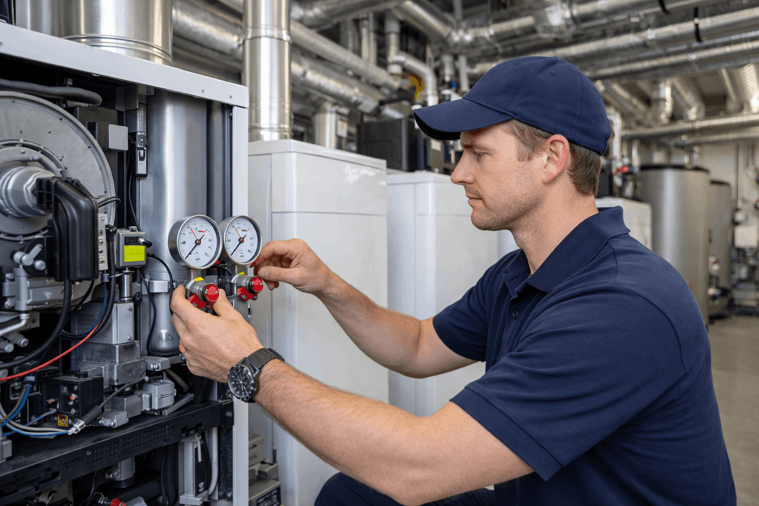Engineer inspecting heating system pressure gauges during commercial boiler repair in Cambridge