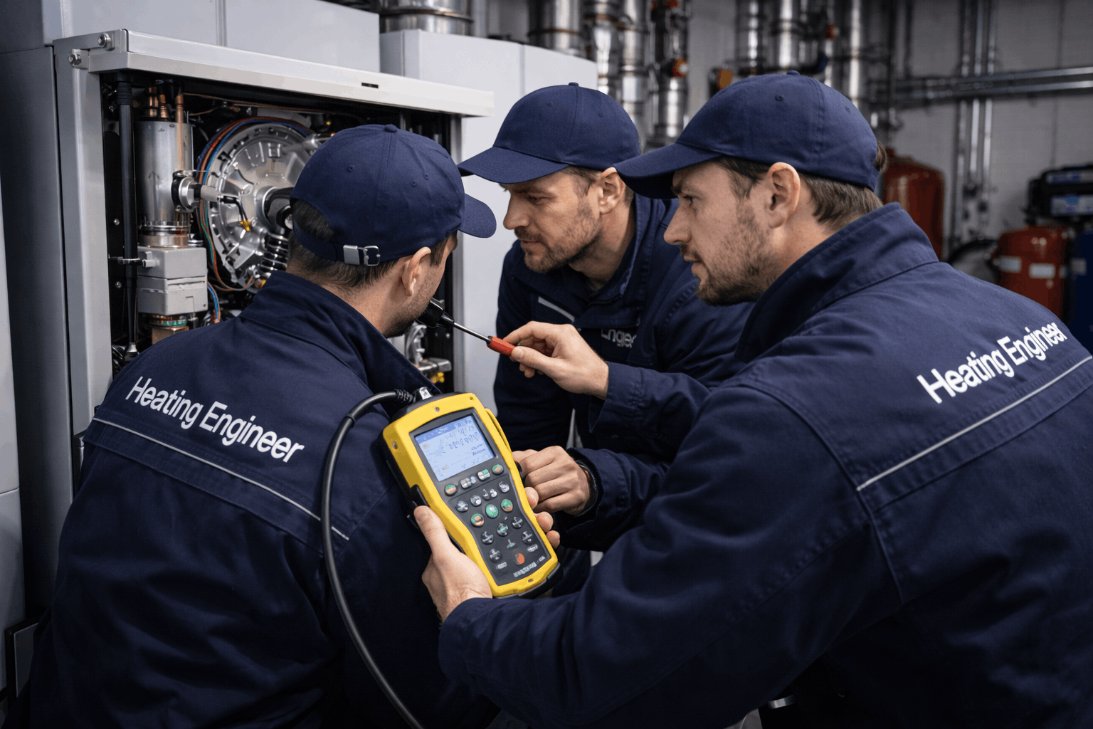 Team of Gas Safe engineers working together on commercial heating repair project in Haverhill