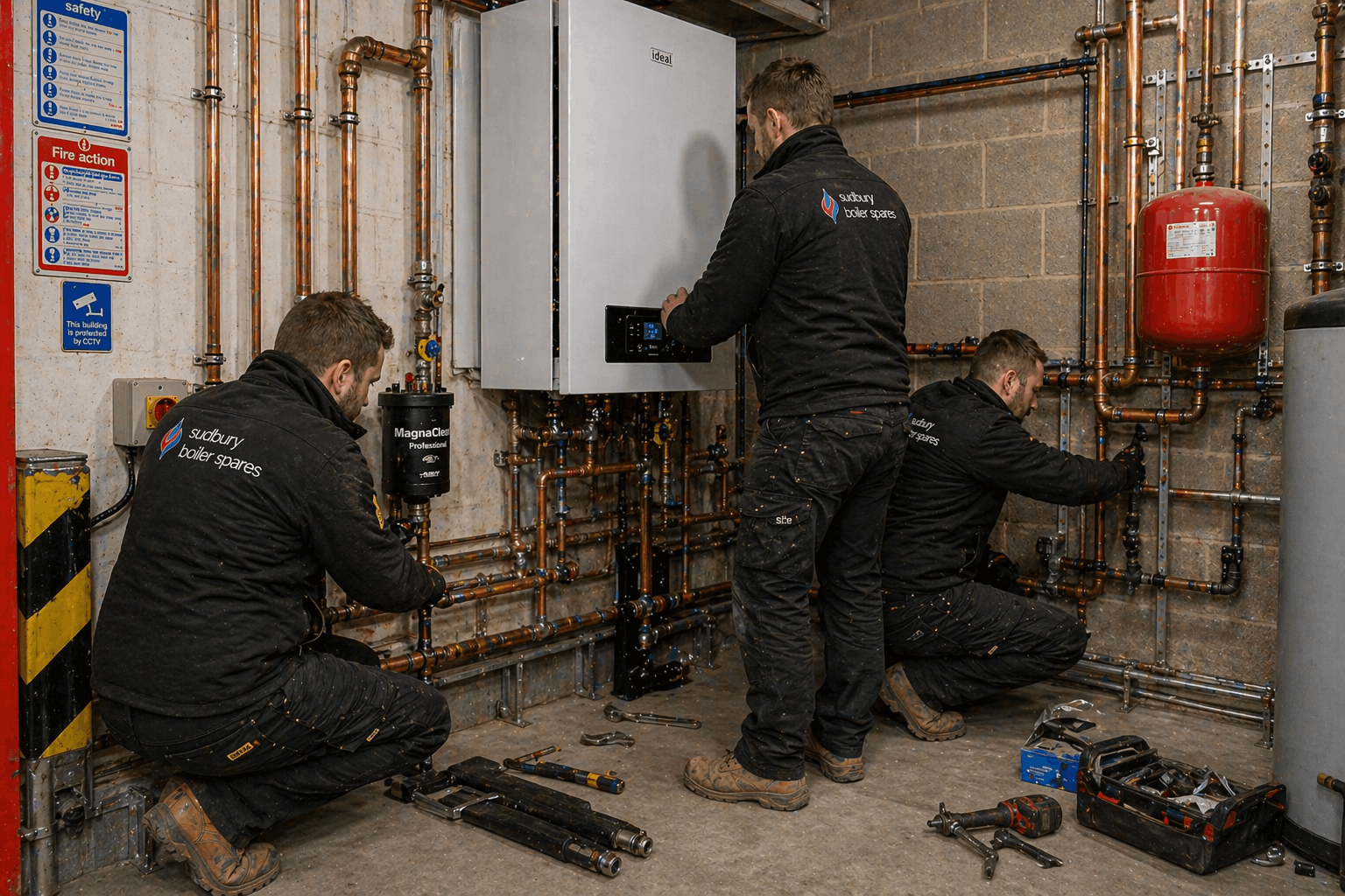 Professional heating replacement crew preparing equipment for commercial boiler installation in Newmarket commercial property