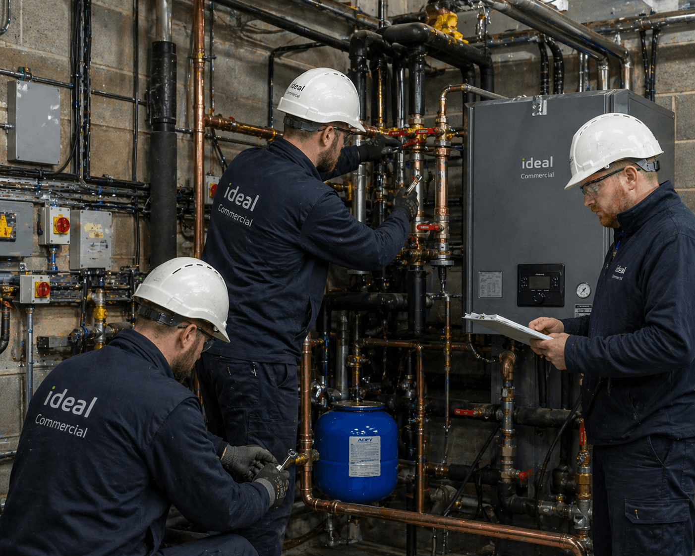 Experienced heating replacement team from Anglian PHE working on Cambridge commercial boiler project