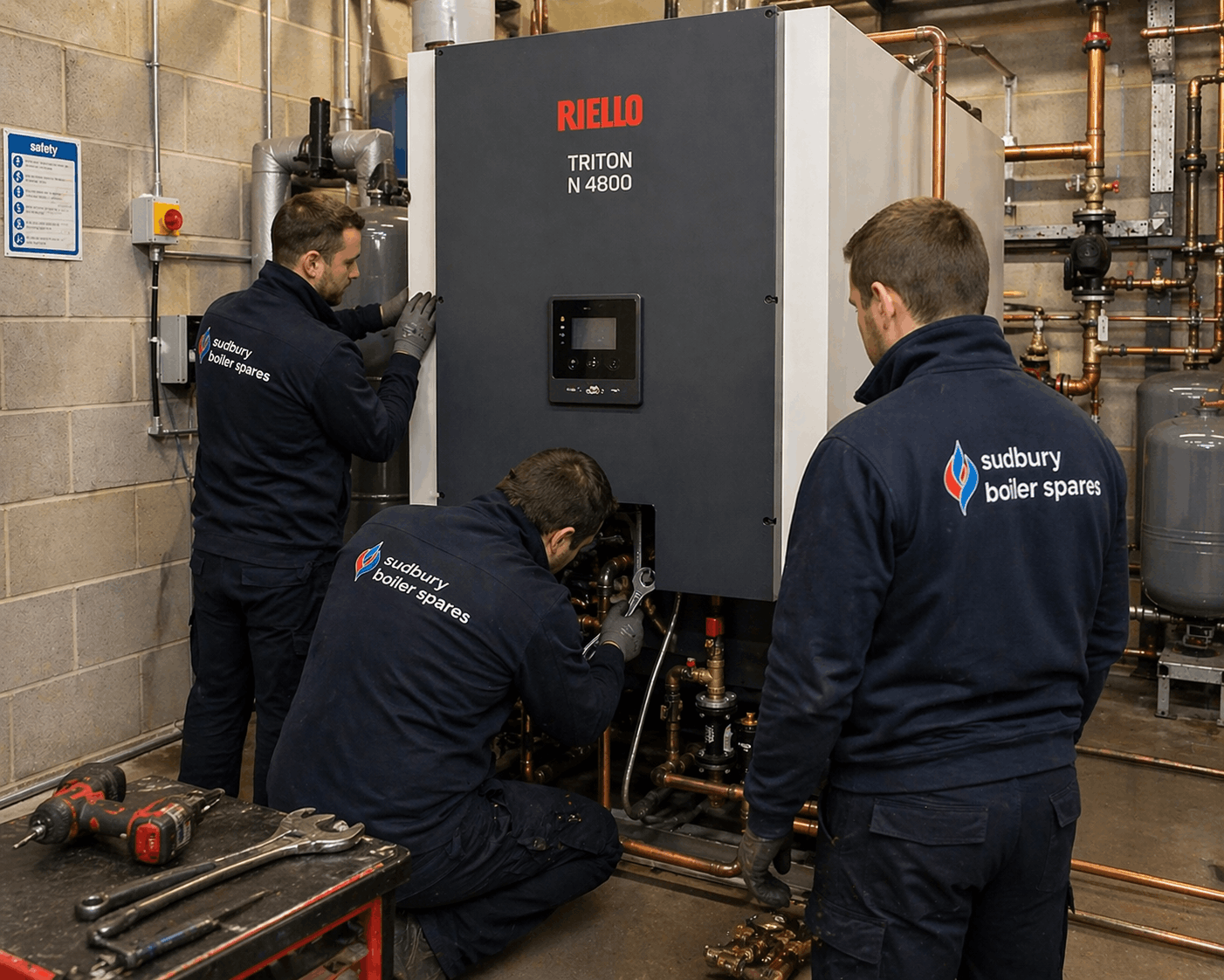 Professional boiler replacement team installing new commercial heating system in Sudbury commercial property