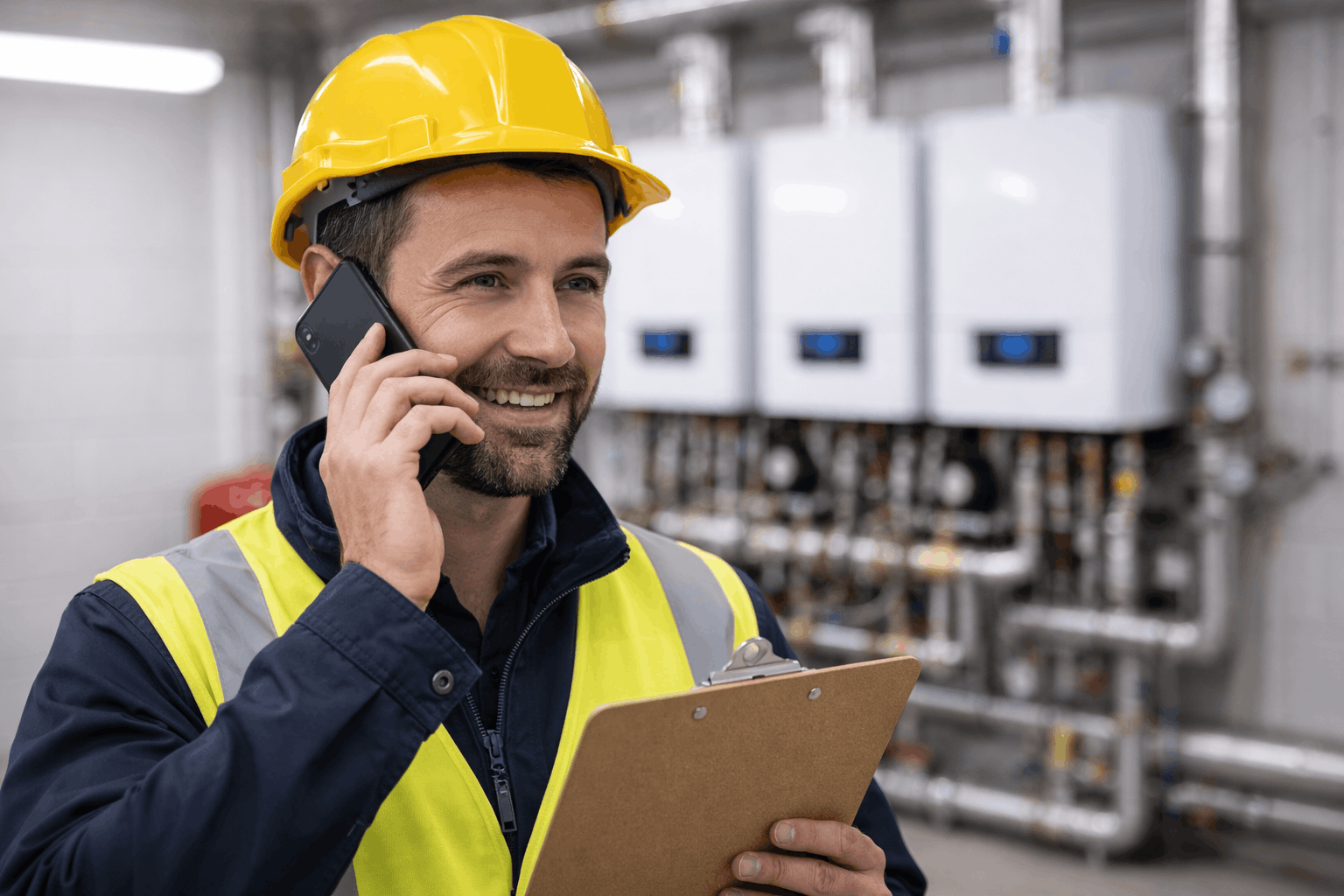 Commercial heating engineer taking client service call for emergency boiler repair in Cambridge