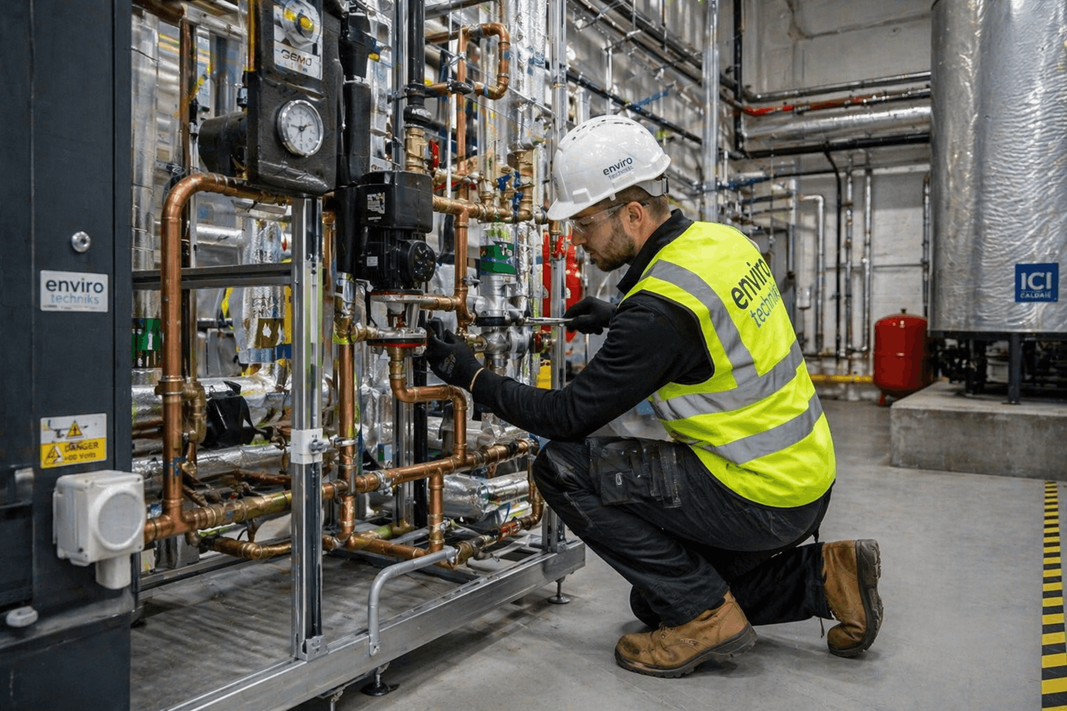 Commercial heating system pipework and infrastructure being built during installation phase in Sudbury