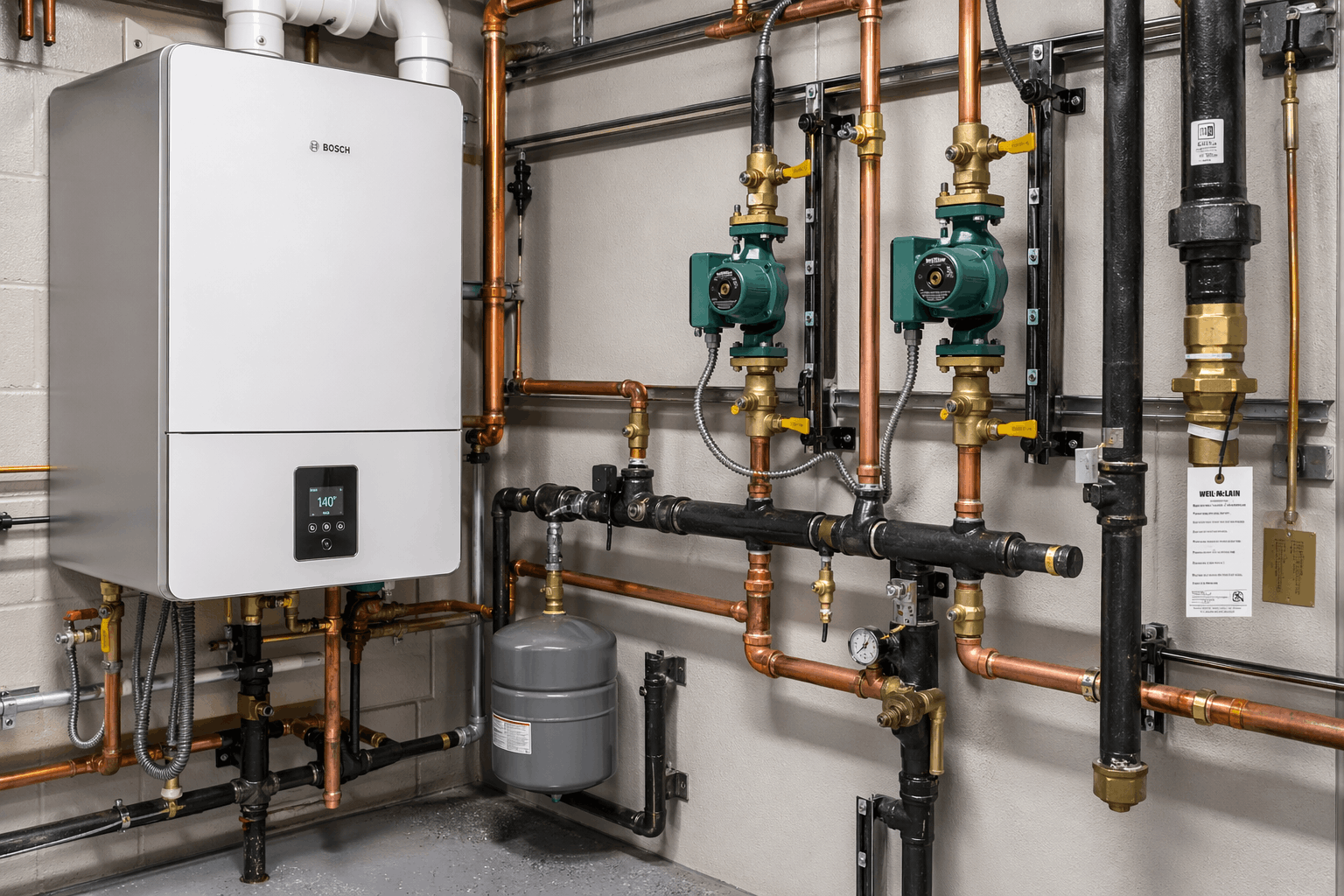 Close-up of heating system connection work during commercial boiler replacement in Colchester Essex