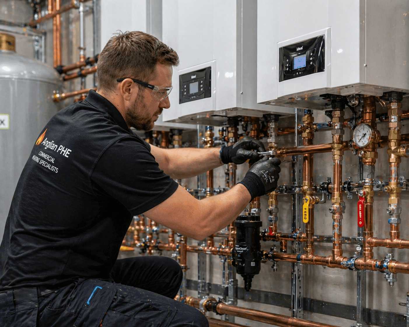 Commercial heating system construction phase showing boiler room installation in progress Saffron Walden