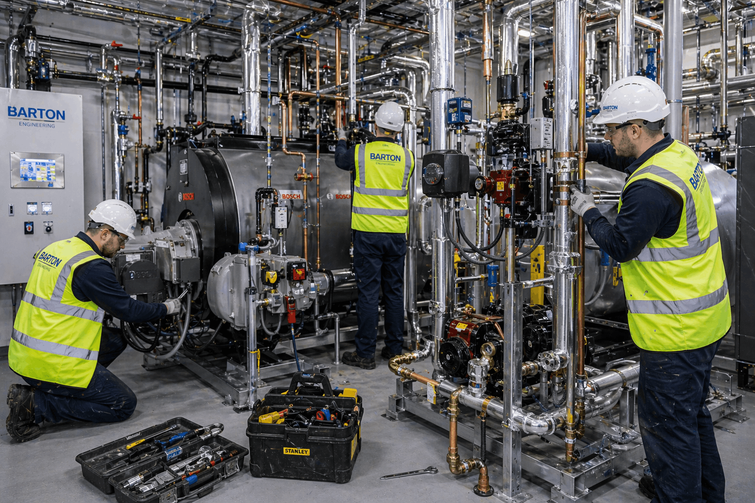 Commercial heating system installation in progress at Braintree property with Gas Safe registered technician working