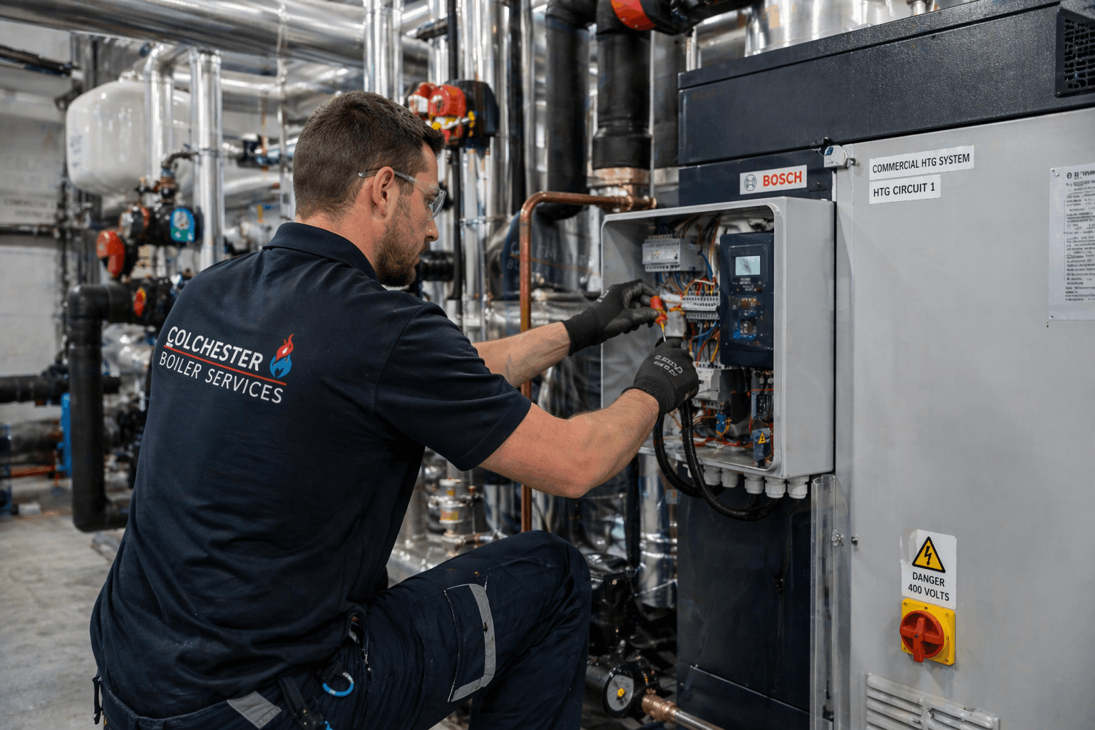 Commercial heating system installation process by qualified engineers in Colchester