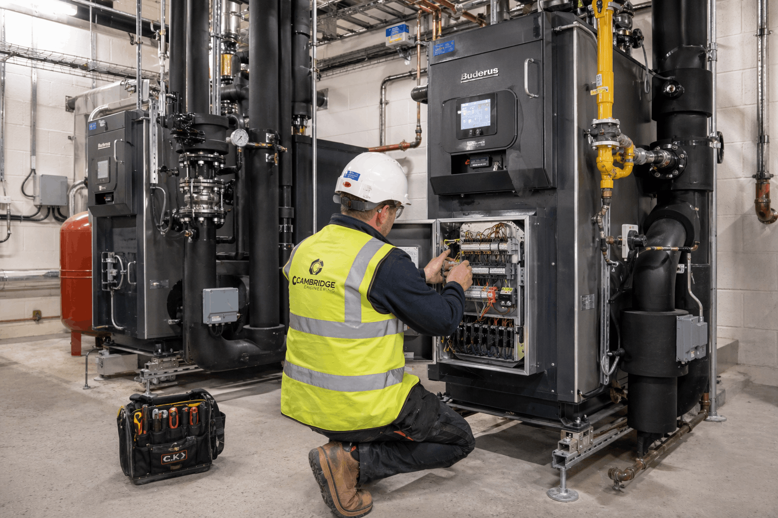 Commercial heating system integration process showing engineer connecting boiler to existing Cambridge building management system
