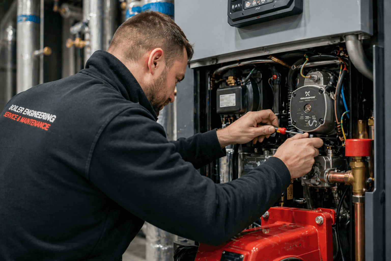 Close-up of commercial heating system repair work focusing on technical components in Great Dunmow