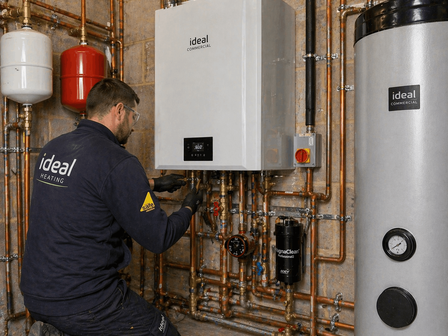 Commercial heating system replacement installation work underway at Halstead business premises