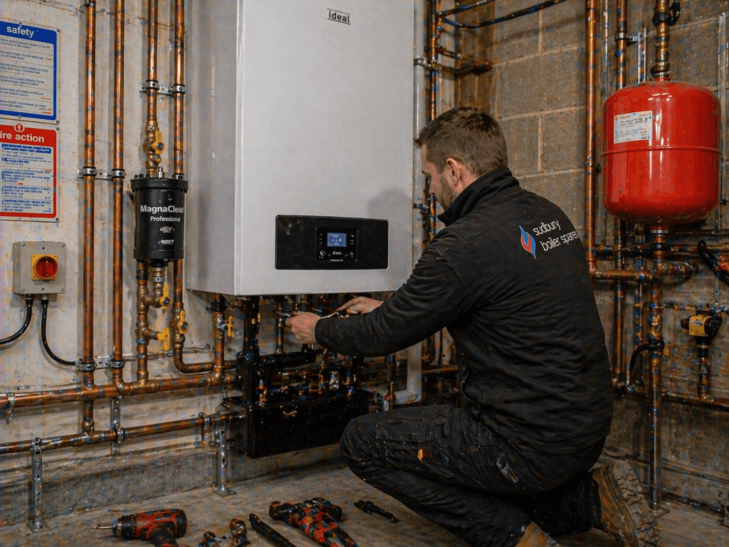 Commercial heating system replacement installation in progress showing new boiler positioning in Newmarket plant room