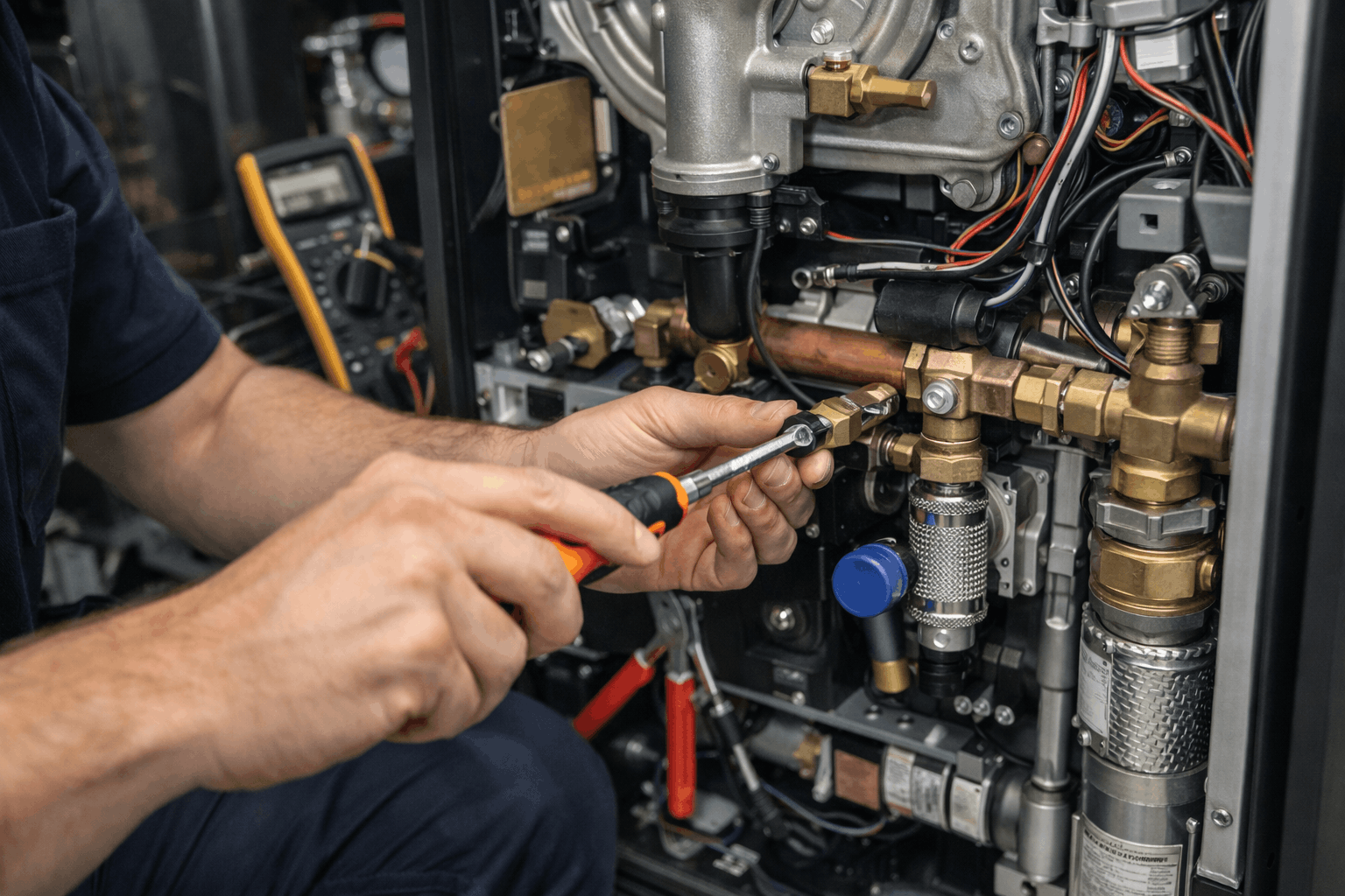 Close-up maintenance work on commercial heating unit in Halstead