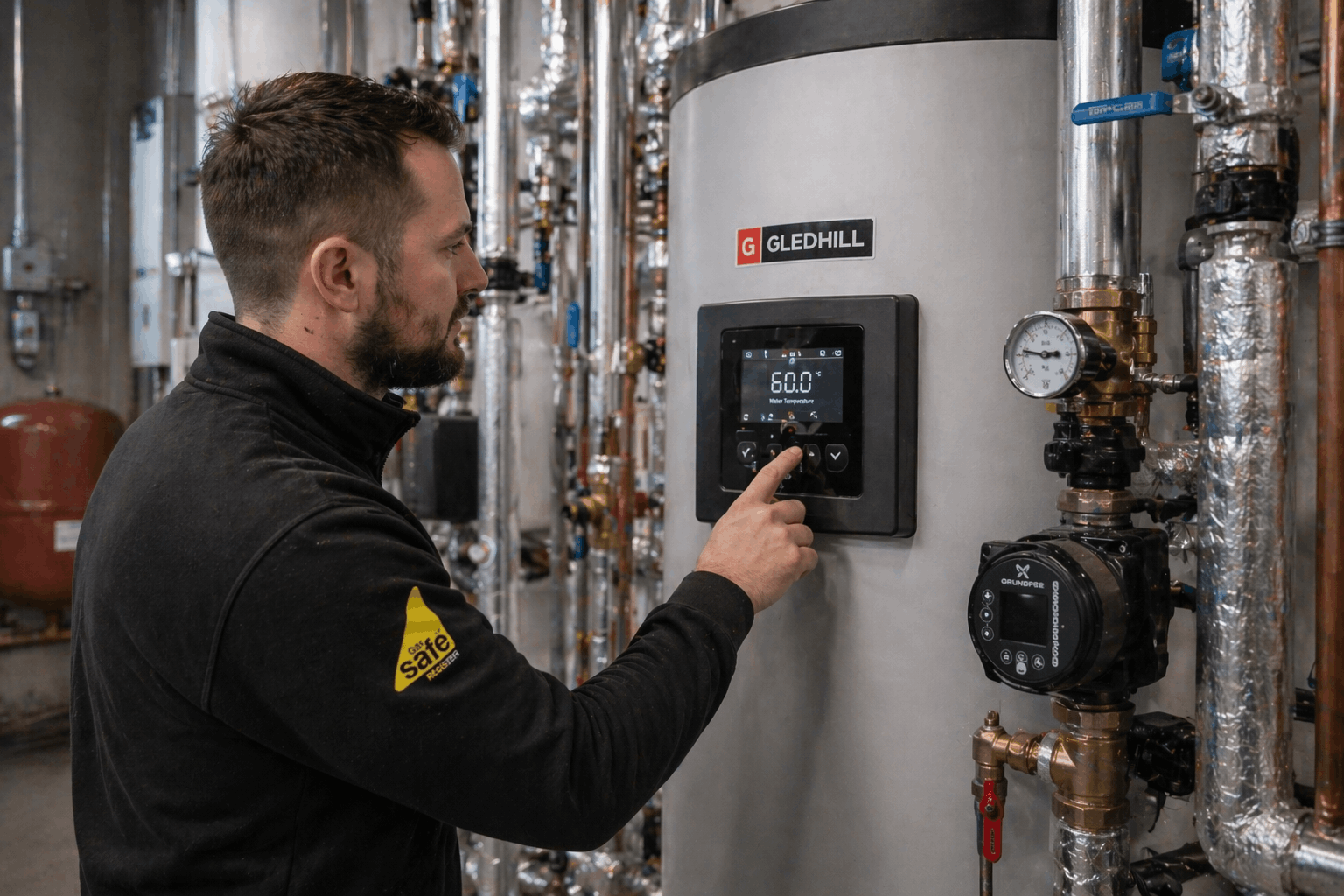 Commercial hot water system control panel installation in Cambridge premises