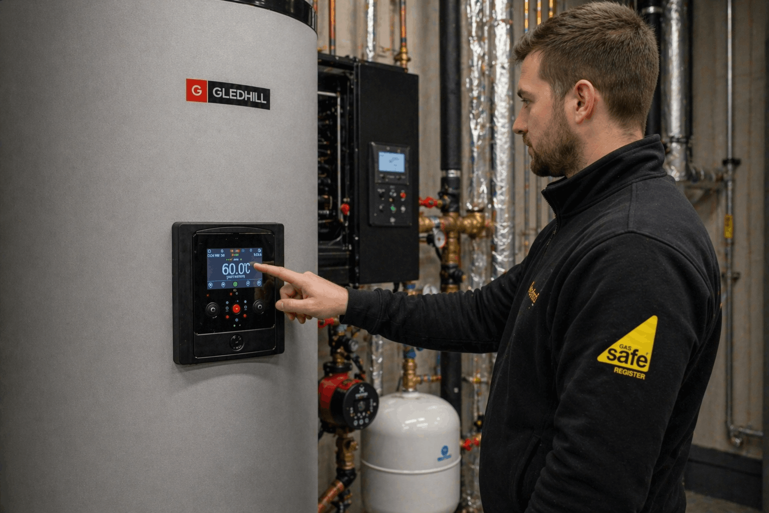 Commercial hot water system control panel installation in Haverhill facility