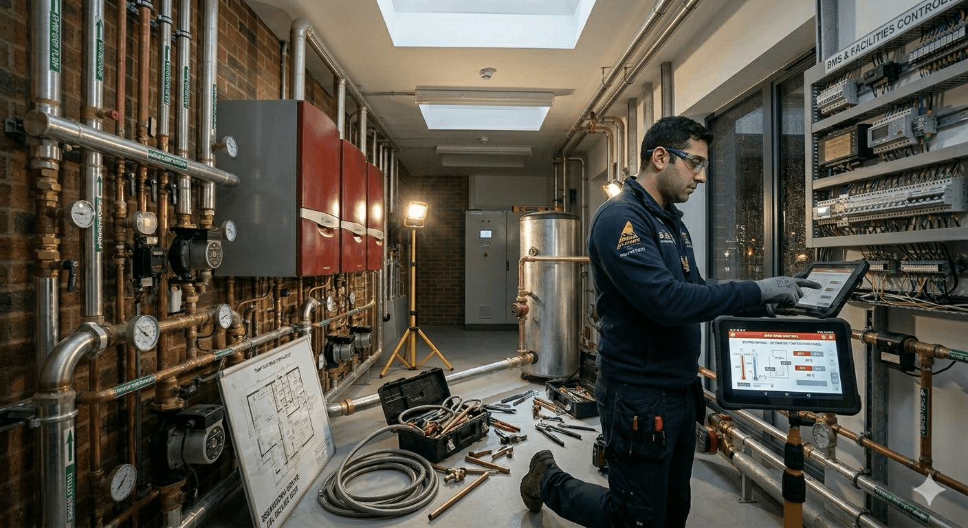 Modern commercial hot water control panel installation in Newmarket facility