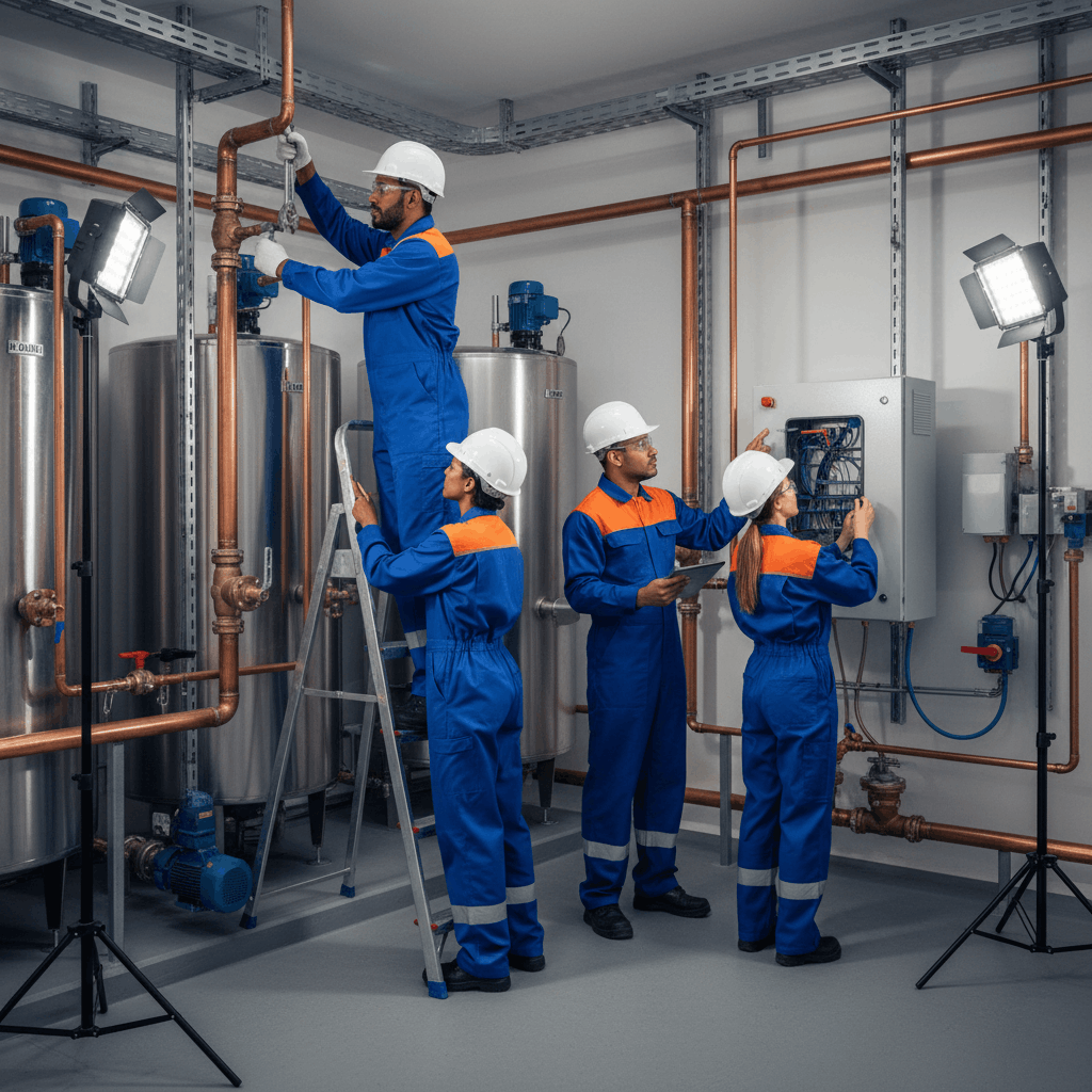 Professional hot water installation crew working on commercial project in Halstead