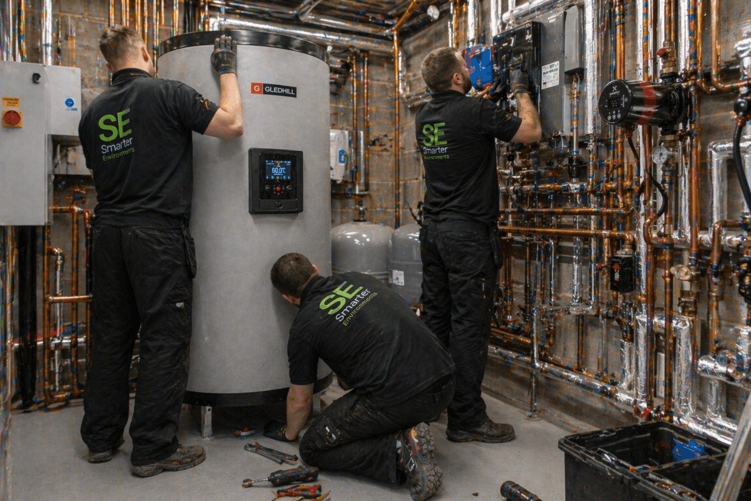 Professional installation team working on commercial hot water system upgrade in Bury St Edmunds