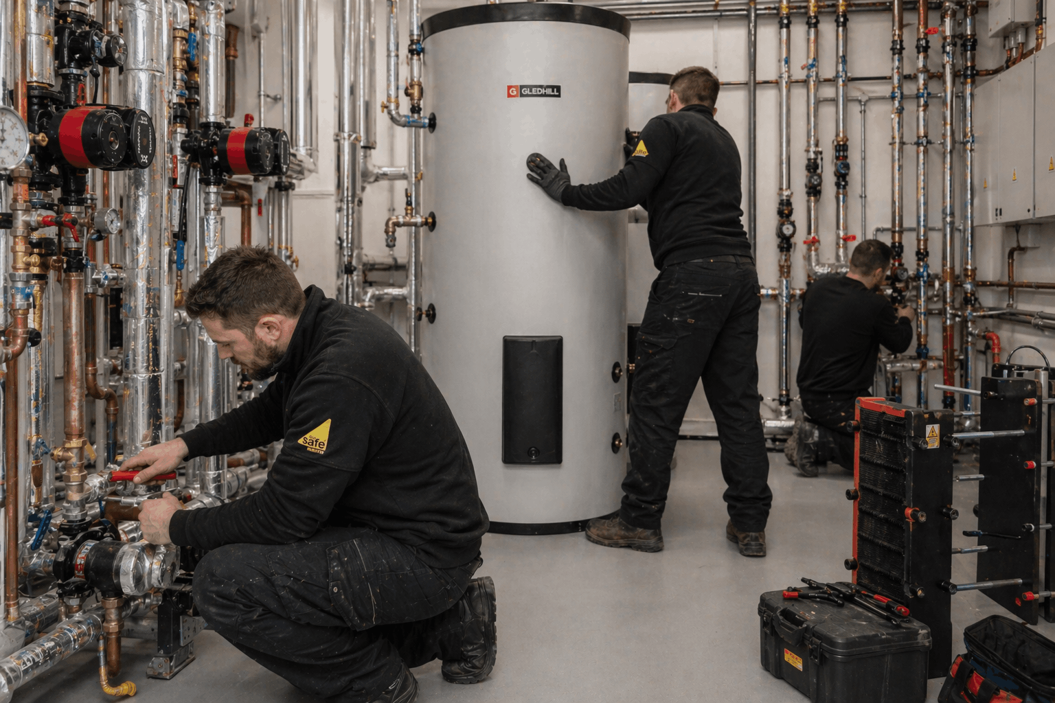 Professional hot water installation team working on commercial project in Cambridge