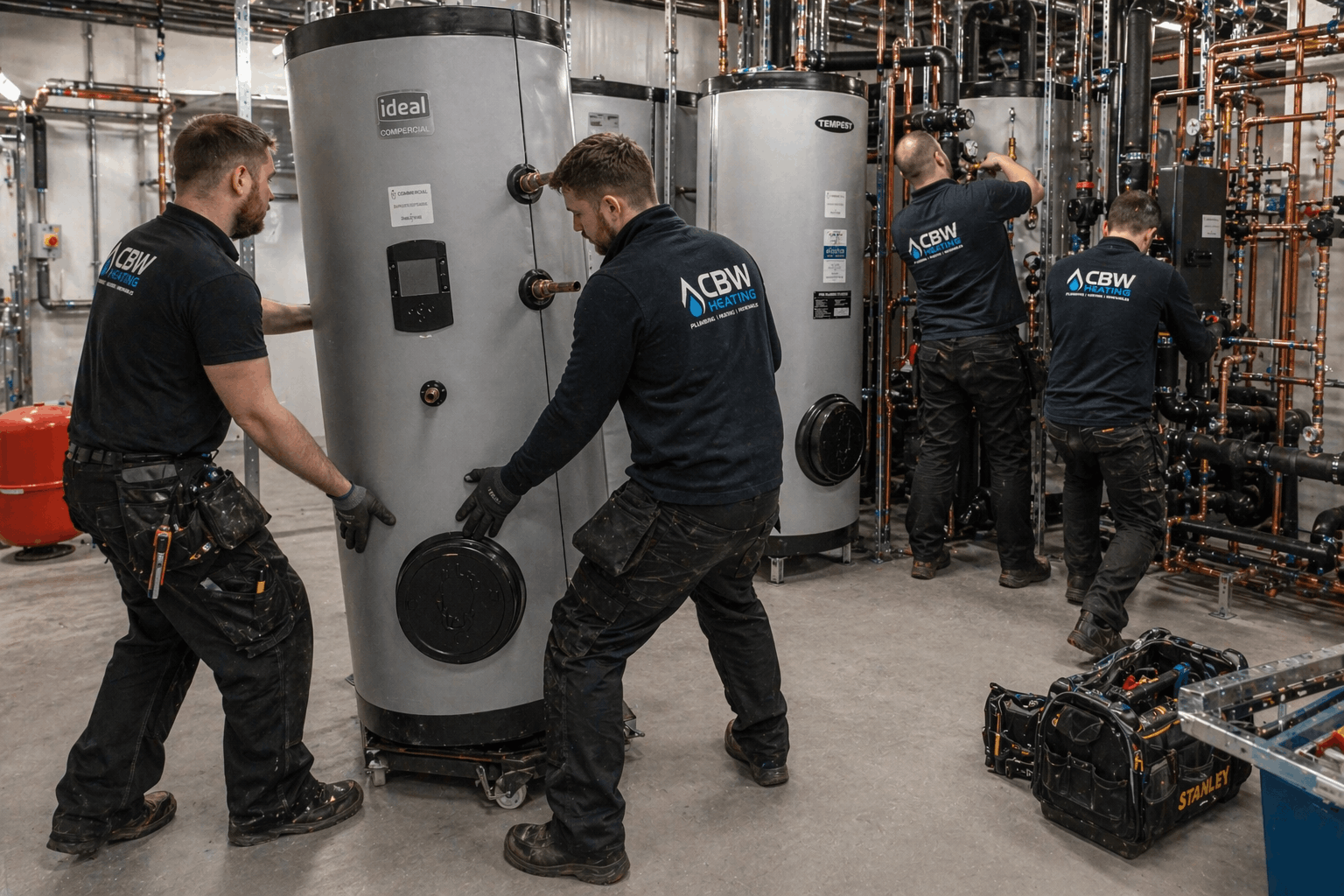 Professional hot water installation team from Anglian PHE working on Colchester commercial project